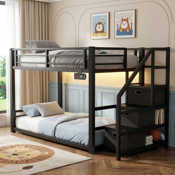 Twin Over Twin Bunk Bed with Storage Stairs, Movable Charging Station and LED Lights, Black