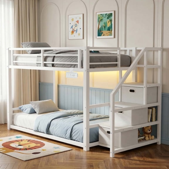 Twin Over Twin Bunk Bed with Storage Stairs, Movable Charging Station and LED Lights, White
