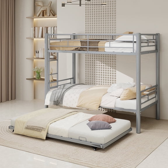 Twin Over Twin Bunk Bed with Trundle, Heavy Duty Bunk Beds Frame, Side Ladders Convertible Bunkbed, Safety Guard Rails, No Box Spring Needed