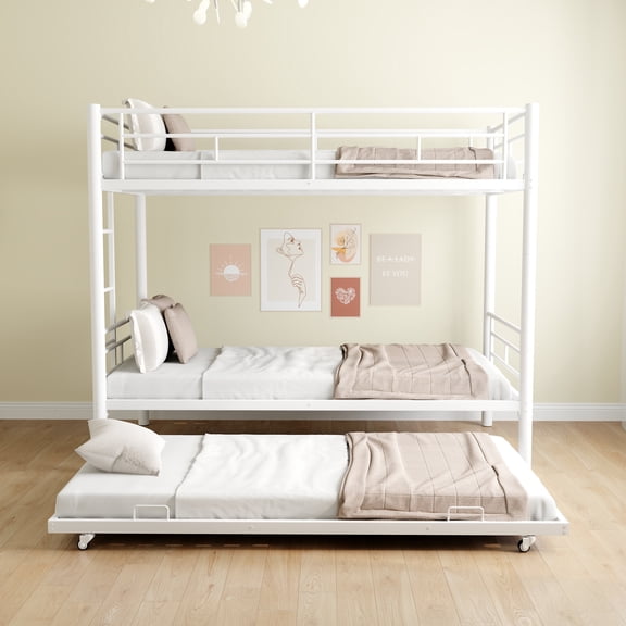 Twin Over Twin Bunk Bed with Trundle, Metal Space-Saving Design For Young Teens and Adults, Easy Assembly, K110
