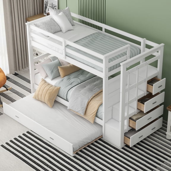 Twin Over Twin Bunk Bed with Trundle & Staircase, Solid Pine Wood Frame with 4 Storage Drawers, Space-Saving Design, No Box Spring Needed, White