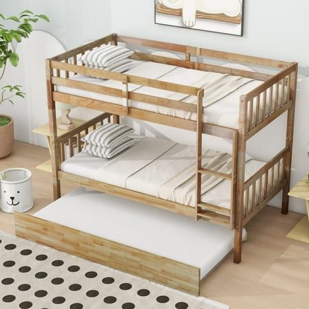 Twin Over Twin Bunk Bed with Trundle,Sturdy Wood Bunk Bed Frame, with Slats and Guardrails, No Box-Spring Needed, Espresso