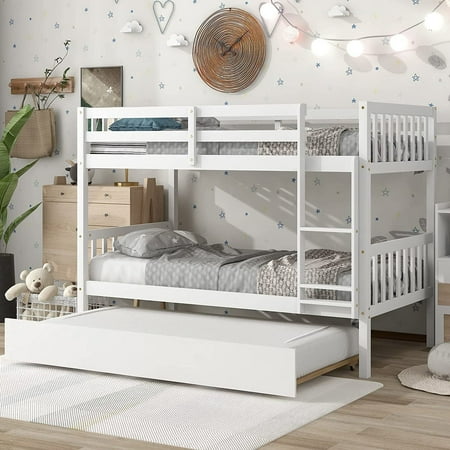 Twin Over Twin Bunk Bed with Trundle,Sturdy Wood Bunk Bed Frame, with Slats and Guardrails, No Box-Spring Needed, White