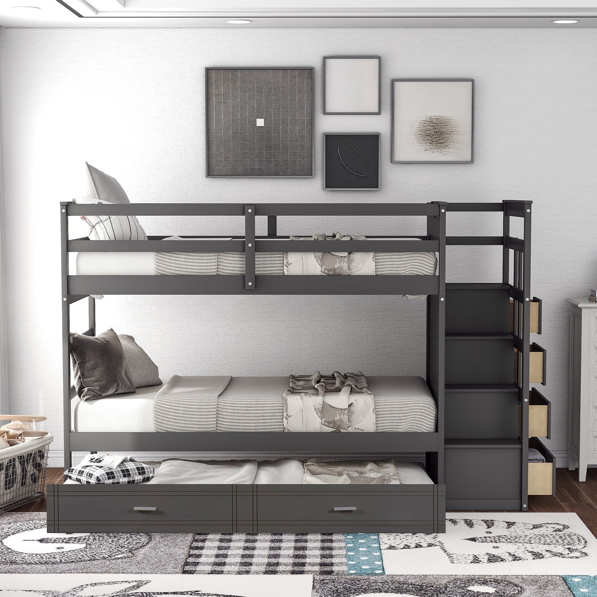 Twin Over Twin Bunk Bed with Trundle and Staircase, Solid Wood Bunk Bed ...