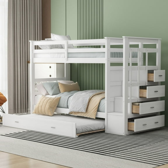 Twin Over Twin Bunk Bed with Trundle and Staircase, White