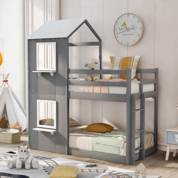 Twin Over Twin Bunk Bed with Wood Roof, Window & Guardrail in White - Fun Play Area & Safe Sleep
