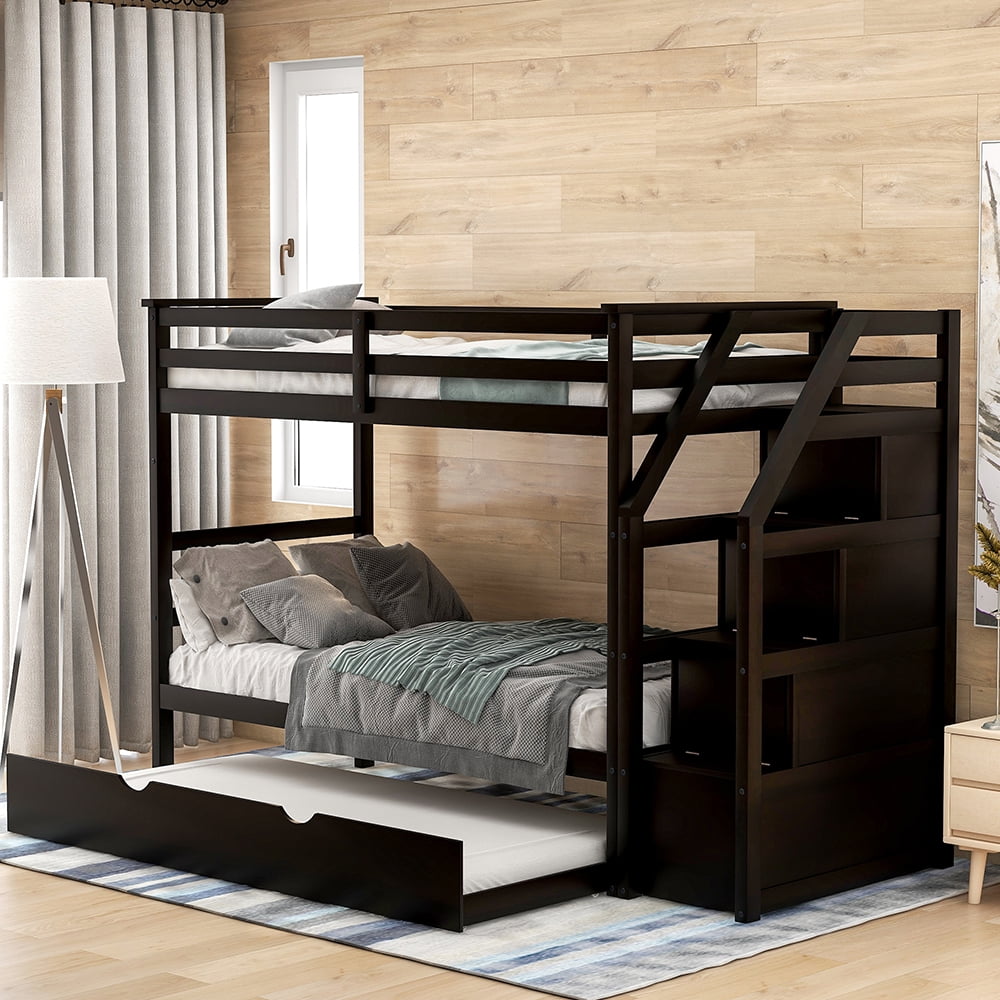 Twin-Over-Twin Bunk Bedd with Twin Size Trundle and 3 Storage Stairs-Espresso