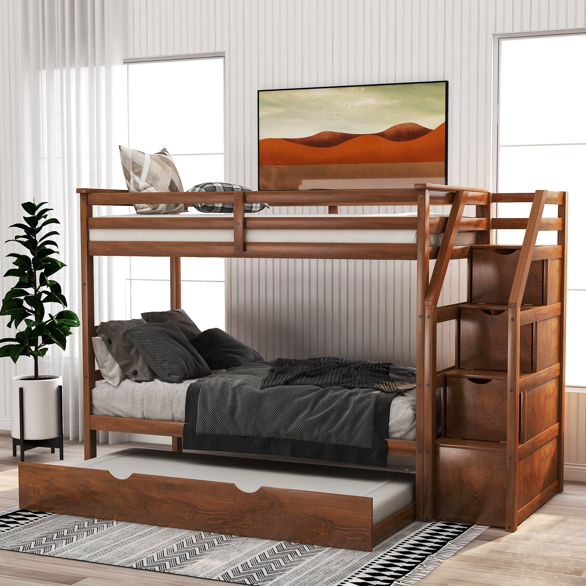 Twin-Over-Twin Bunk Bedd with Twin Size Trundle and 3 Storage Stairs-Walnut
