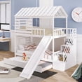 thumbnail image 1 of Twin Over Twin Bunk Beds with Trundle & Slide, Solid Pinewood House Bedframe w/ Storage Staircase, Roof & Window Design, No Box Spring Need, White, 1 of 7
