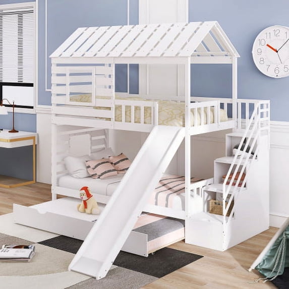 Twin Over Twin Bunk Beds with Trundle & Slide, Solid Pinewood House Bedframe w/ Storage Staircase, Roof & Window Design, No Box Spring Need, White