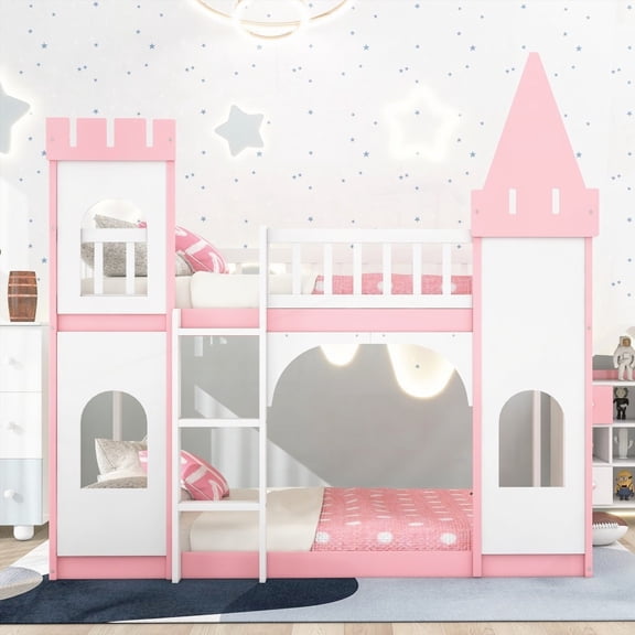 Twin Over Twin Castle Bunk Bed - Pink, Easy Assembly & Fun Design
