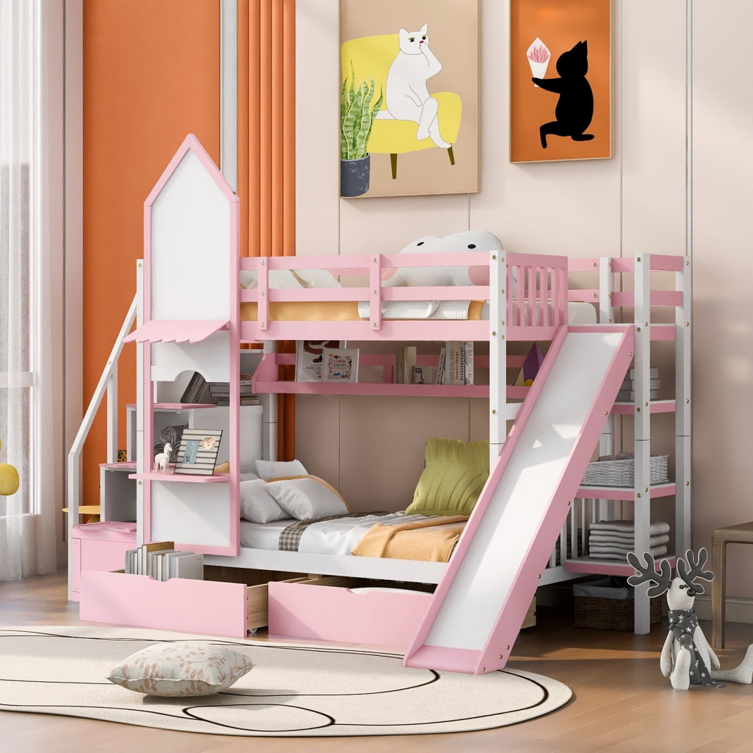 Twin-Over-Twin Castle Bunk Bed with Storage Stairs and Slides for Kids ...