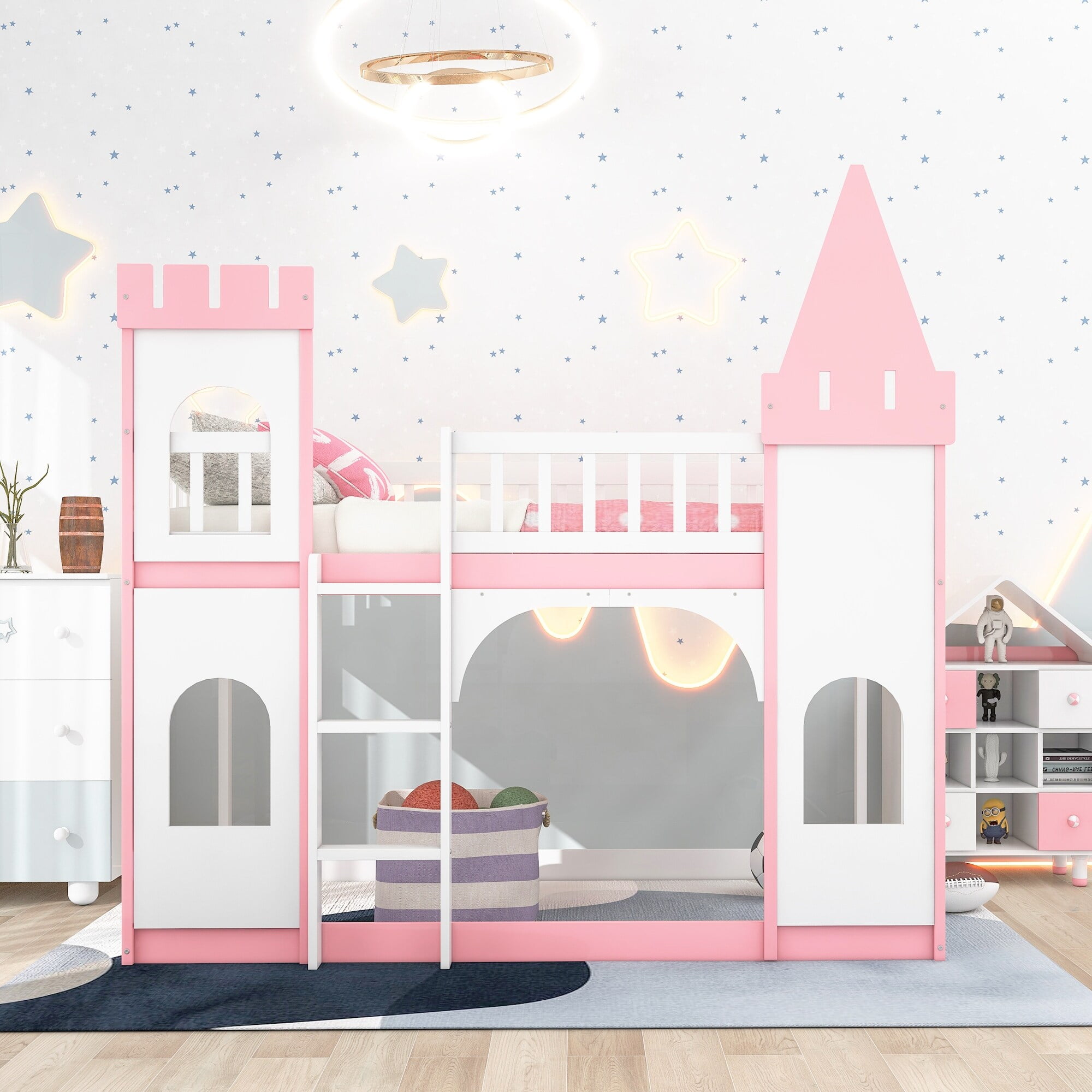 Twin Over Twin Castle Bunk Bed with Ladder Pink