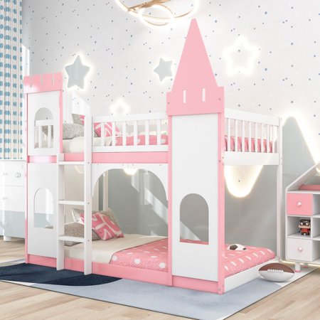 Twin Over Twin Castle Solid Wood Bunk Bed with Ladder, Reinforced Structure for Toddler Kids Teens, Space-Saving Design(Pink )