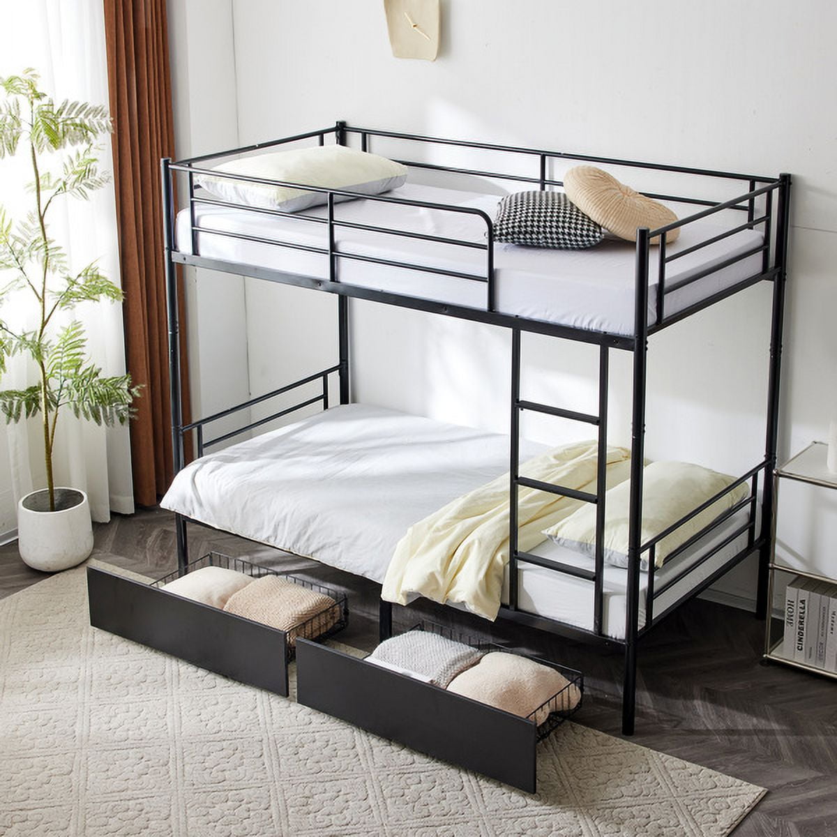 Twin Over Twin Convertible Bunk Bed with 2 Storage Drawers, Metal Bunk ...