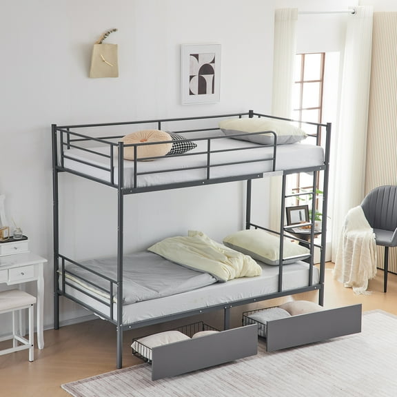 Twin Over Twin Convertible Bunk Bed with 2 Storage Drawers, Metal Bunk Bed Can be Divided Into Two Daybeds, Grey