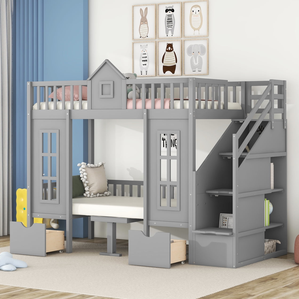 Twin-Over-Twin Fence-Shaped Bunk Bed with Changeable Table for Kids ...