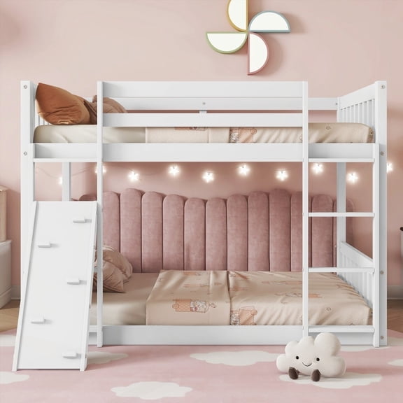 Twin Over Twin Floor Bunk Bed - Climbing Ramp Fun | Safety Guards | White