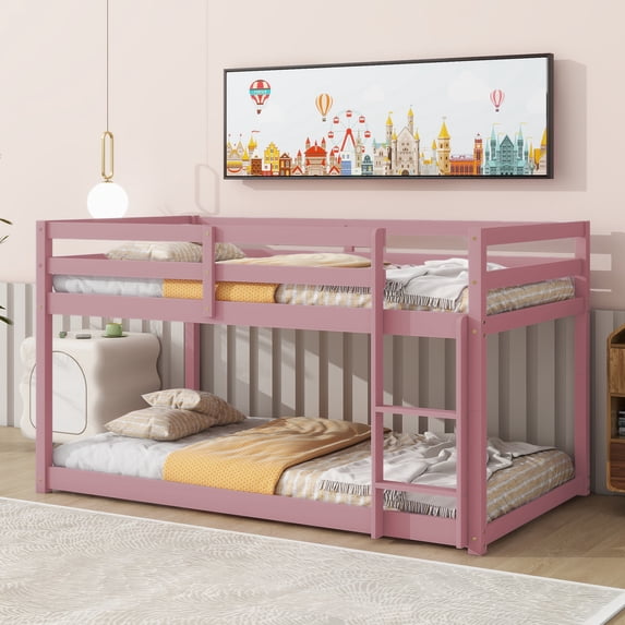 Twin Over Twin Floor Bunk Bed,Pink Lower Height Design Provides
