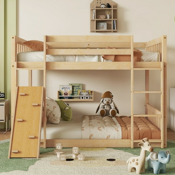 Twin Over Twin Floor Bunk Bed, Playhouse Floor Bunk Bed with Climbing Ramp, Ladder, Safety Guardrails,Natural