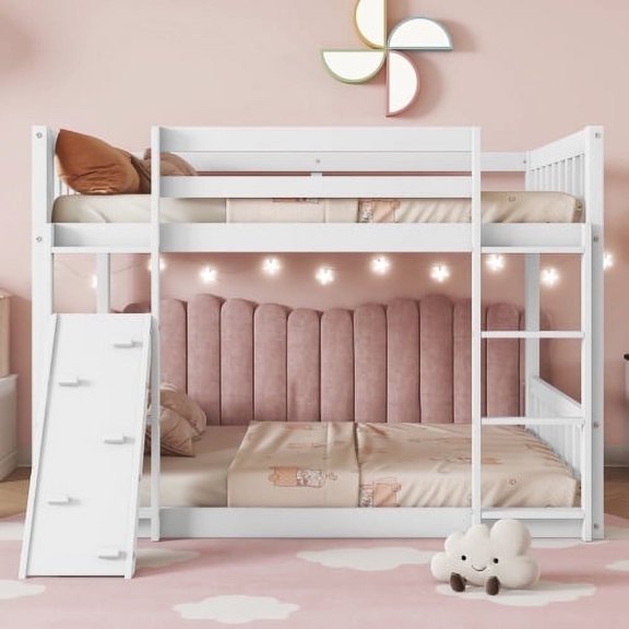 Mirightone Twin Over Twin Floor Bunk Bed, Wood Playhouse Bunked Frame with Climbing Ramp and Ladder, Low Bunk Bed with Guardrails for Boys Girls（White）