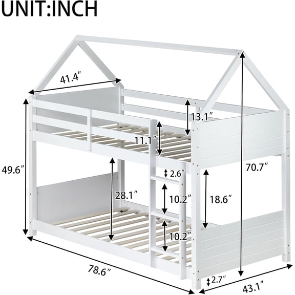 Twin Over Twin Floor Bunk Bed with Headboards and Guardrails, Modern Style Solid Pine House Bedframe for Bedroom Dormitory Living Room White