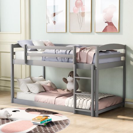 Twin Over Twin Floor Bunk Bed with Ladder, Twin Size Bunk Bed for Kids Teens, No Box Spring Needed,Gray