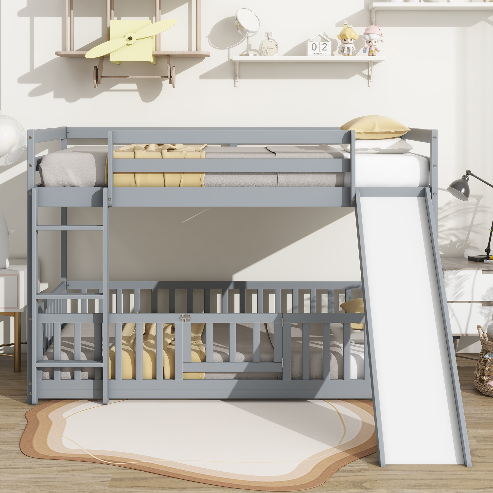 Twin Over Twin Floor Bunk Bed with Slide, Ladder, Door, Safety ...