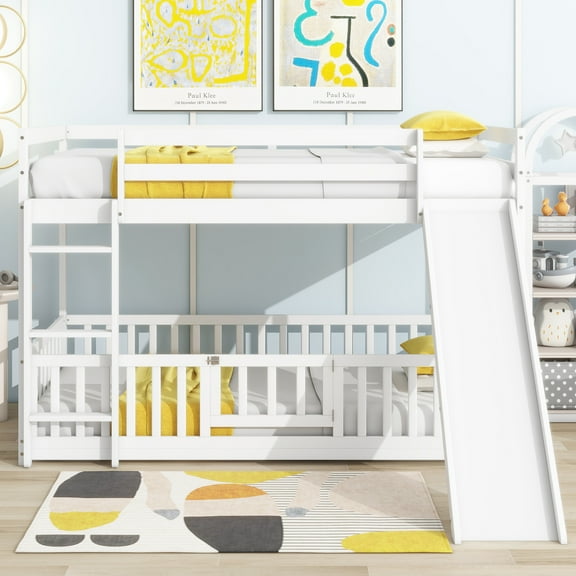 Twin Over Twin Floor Bunk Bed with Slide, Ladder, Door, Safety Guardrails, Solid Pine Wood Bunk Bed ,White