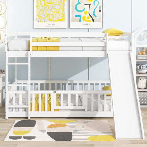 Twin Over Twin Floor Bunk Bed with Slide, Ladder, Door, Safety Guardrails, Solid Pine Wood Bunk Bed ,White