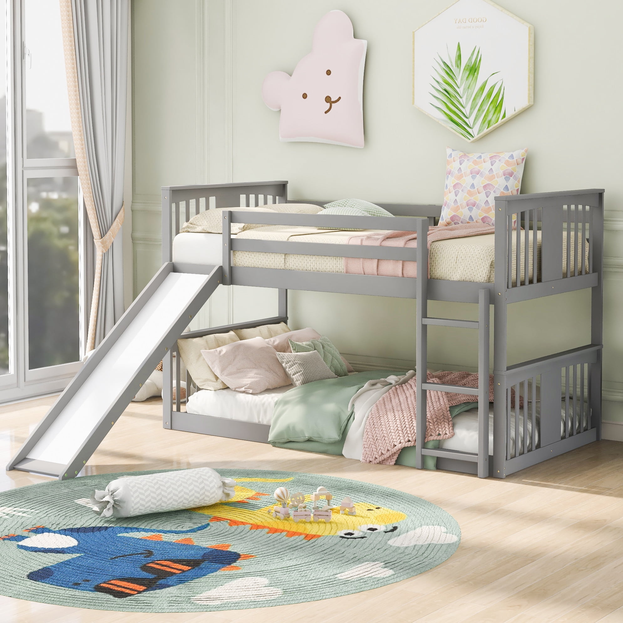 Twin Over Twin Floor Bunk Bed with Slide and Ladder, Low Profile Wood