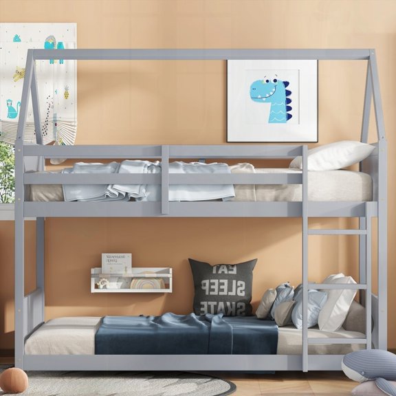 Twin Over Twin House Floor Bunk Bed in Light Grey with Headboards, Footboards & Guardrails & Ladder, Rubber Wood & Plywood