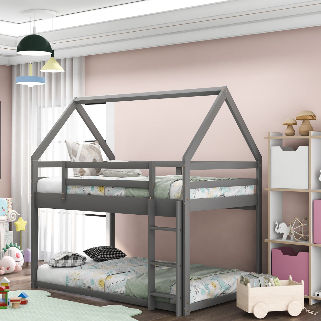 Twin Over Twin House Low Bunk Bed with Builtin Ladder, Floor Bedroom Bunk bed, Safety Guard