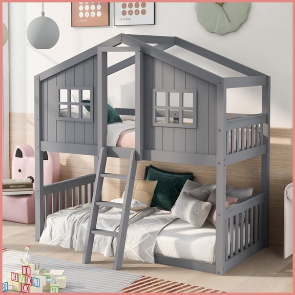 Twin-Over-Twin House-Shape Bunk Bed with Ladder | Solid Pinewood Frame | Gray Playhouse Bedroom Bed