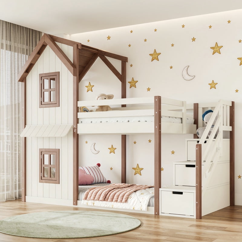 Twin-Over-Twin Kids House Bed Frame with Storage Stairs & Bottom Floor Bed, Playhouse Bunk Bed with Roof & Window