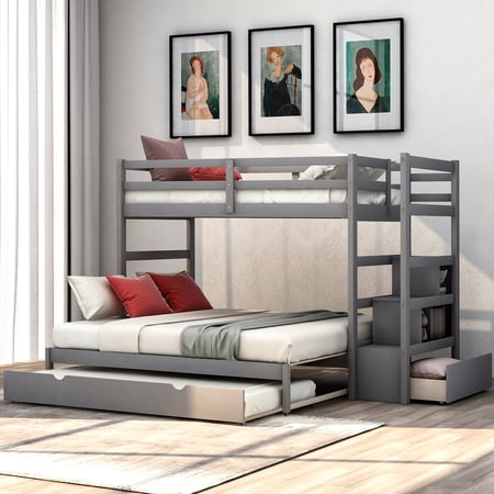 Twin Over Twin/King Bunk Beds with Trundle Bunk Beds Twin Over Twin Pull-Out Bunk Beds, Solid Wood No Box Spring Needed