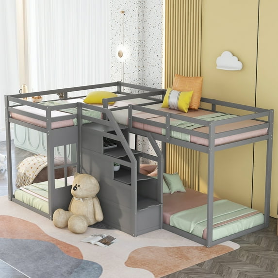 Twin Over Twin L-Shaped Bunk Bed with Built-In Middle Staircase, Gray