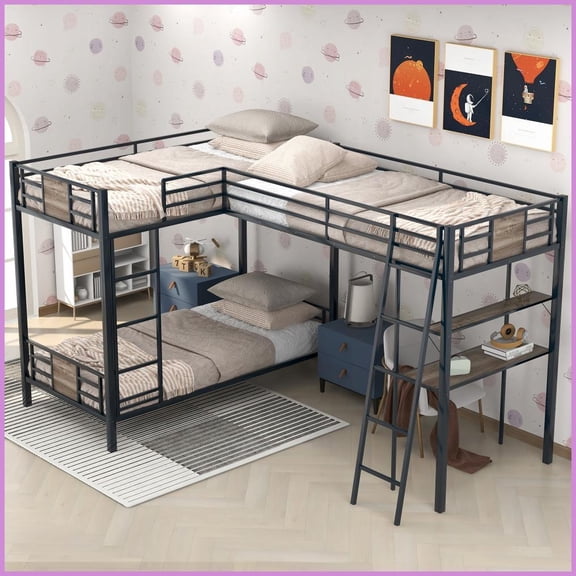 Twin Over Twin L-Shaped Bunk Bed with Twin Loft Desk & Shelf Metal/MDF Brown for Guest Rooms & Sleepovers