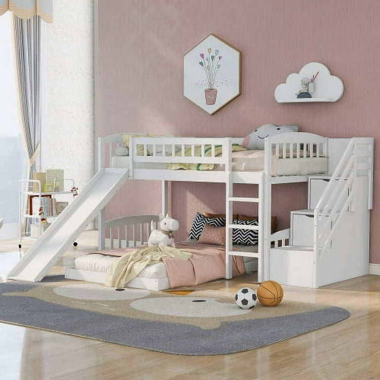 Twin Over Twin Low Bunk Bed with Convertible Stairway Two Storage Drawers and Slide Wooden Bedframe w Ladder No Box Spring Needed White