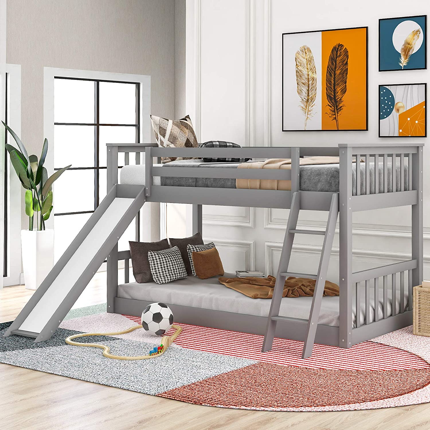 Twin Over Twin Low Bunk Bed with Slide/Ladder, Solid Wood Bunk Beds ...