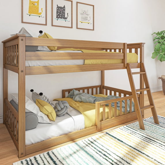 Twin Over Twin Low Bunk With Two Guard Rails, Pecan