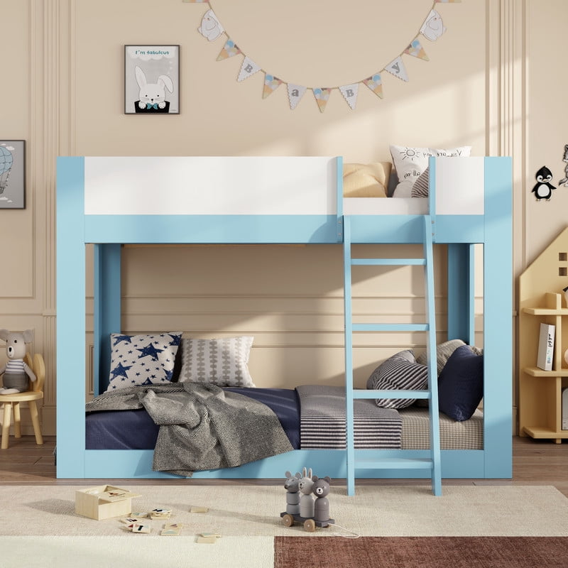 Twin-Over-Twin Low-Profile Bunk Bed with Guardrails, Wooden Kids Bed with Reversible Ladder, Accent Two-Tone Bed Frame