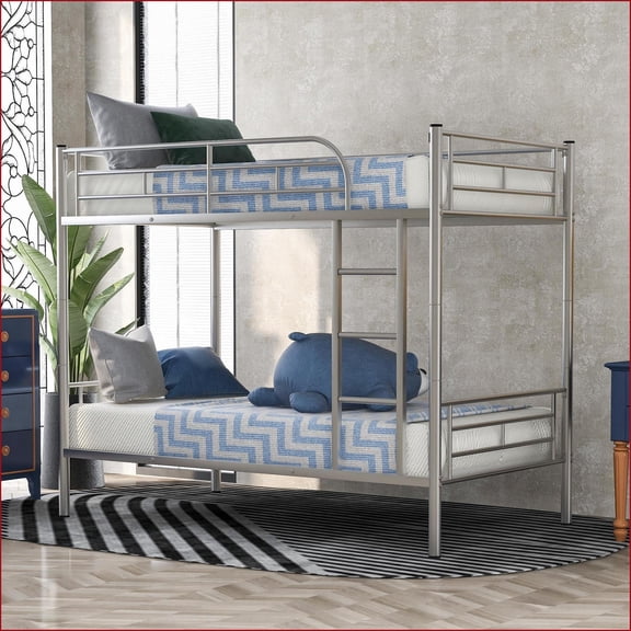 Twin Over Twin Metal Bunk Bed - Convertible 2-in-1, No Box Spring, Silver Finish for Bedroom/Rental