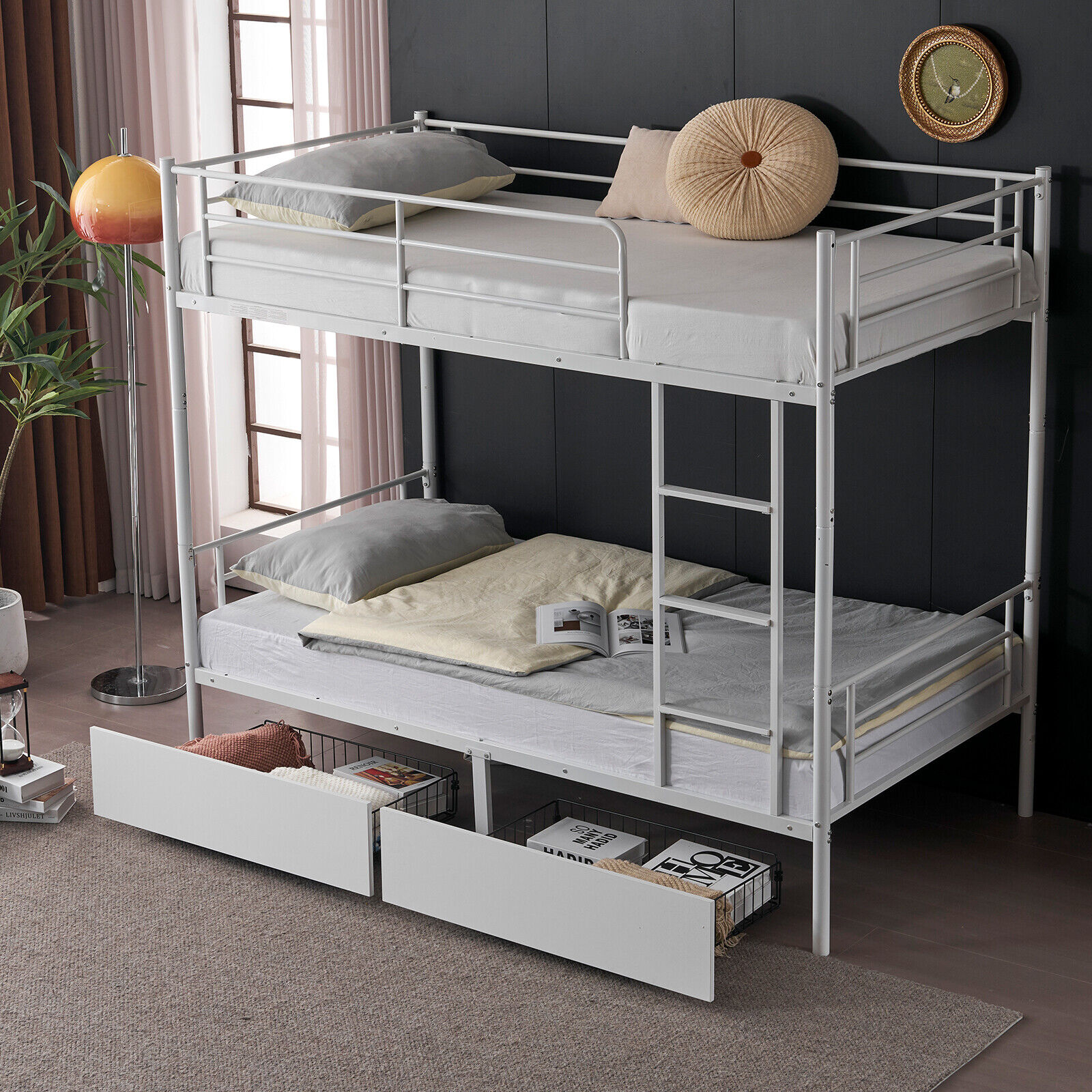 Twin Over Twin Metal Bunk Bed Convertible Bed Frame with Ladder 2