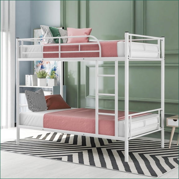 Twin-Over-Twin Metal Bunk Bed - Convertible to 2 Beds, No Box Spring Required, White Finish for Shared Bedrooms