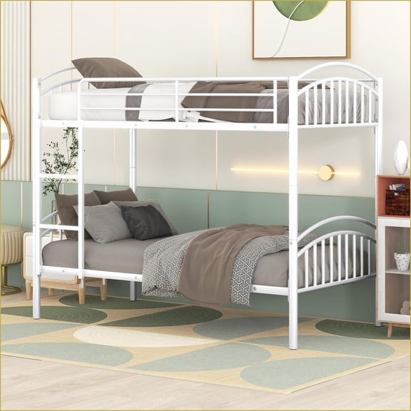 Twin Over Twin Metal Bunk Bed, Convertible to 2 Twin Beds, No Box Spring Needed, White