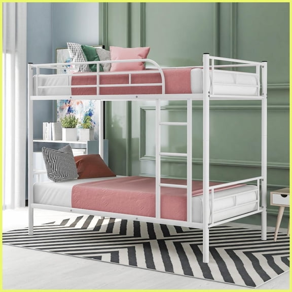 Twin Over Twin Metal Bunk Bed Frame - No Box Spring Needed, White, Split into 2 Beds, Space-Saving for Shared Bedrooms