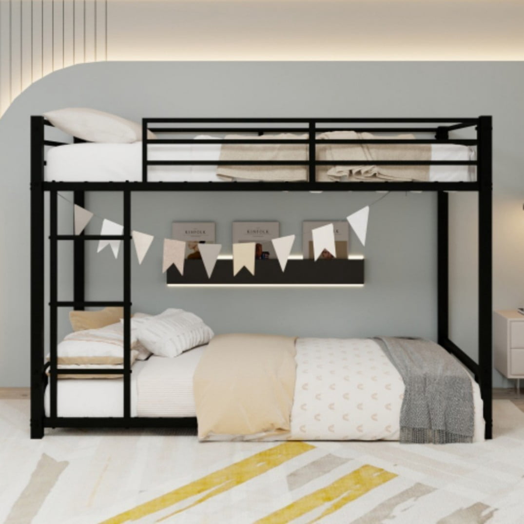 Twin Over Twin Metal Bunk Bed, Heavy-Duty Frame with 13" Guardrails, 3-Step Ladder, Noise-Reduced Slats, No Box Spring, Black