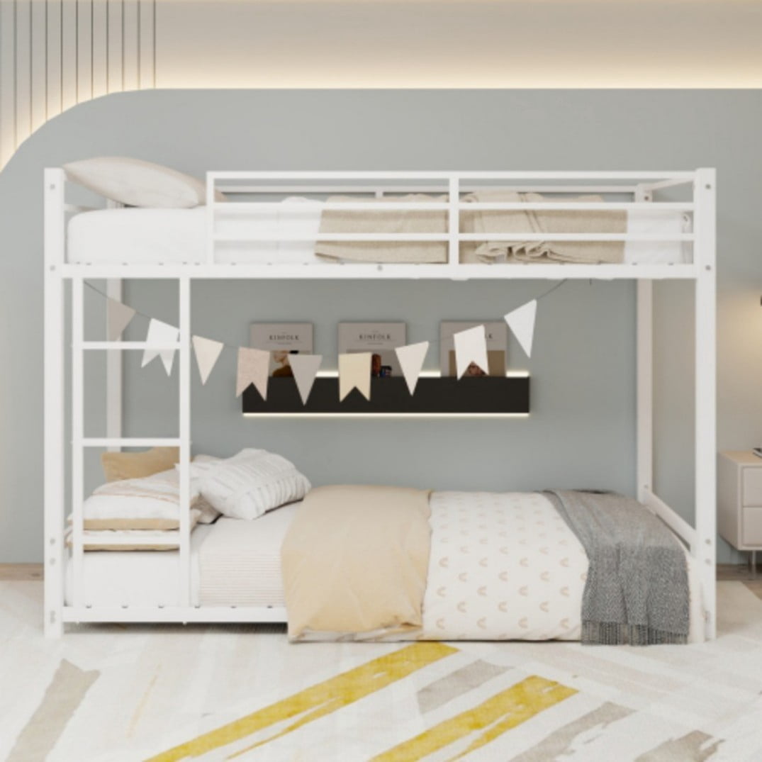 Twin Over Twin Metal Bunk Bed, Heavy-Duty Frame with 13" Guardrails, 3-Step Ladder, Noise-Reduced Slats, No Box Spring, White
