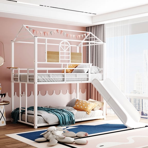 Twin Over Twin Metal Bunk Bed ,Metal Housebed With Slide,Three Colors Available.(White with White Slide)(OLD SKU :MF291674AAK)